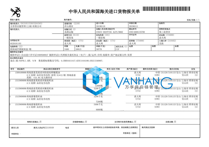 进口意大利食用油清关