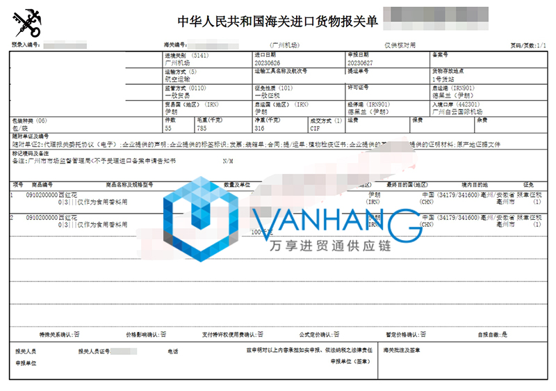 伊朗西红花进口清关资料